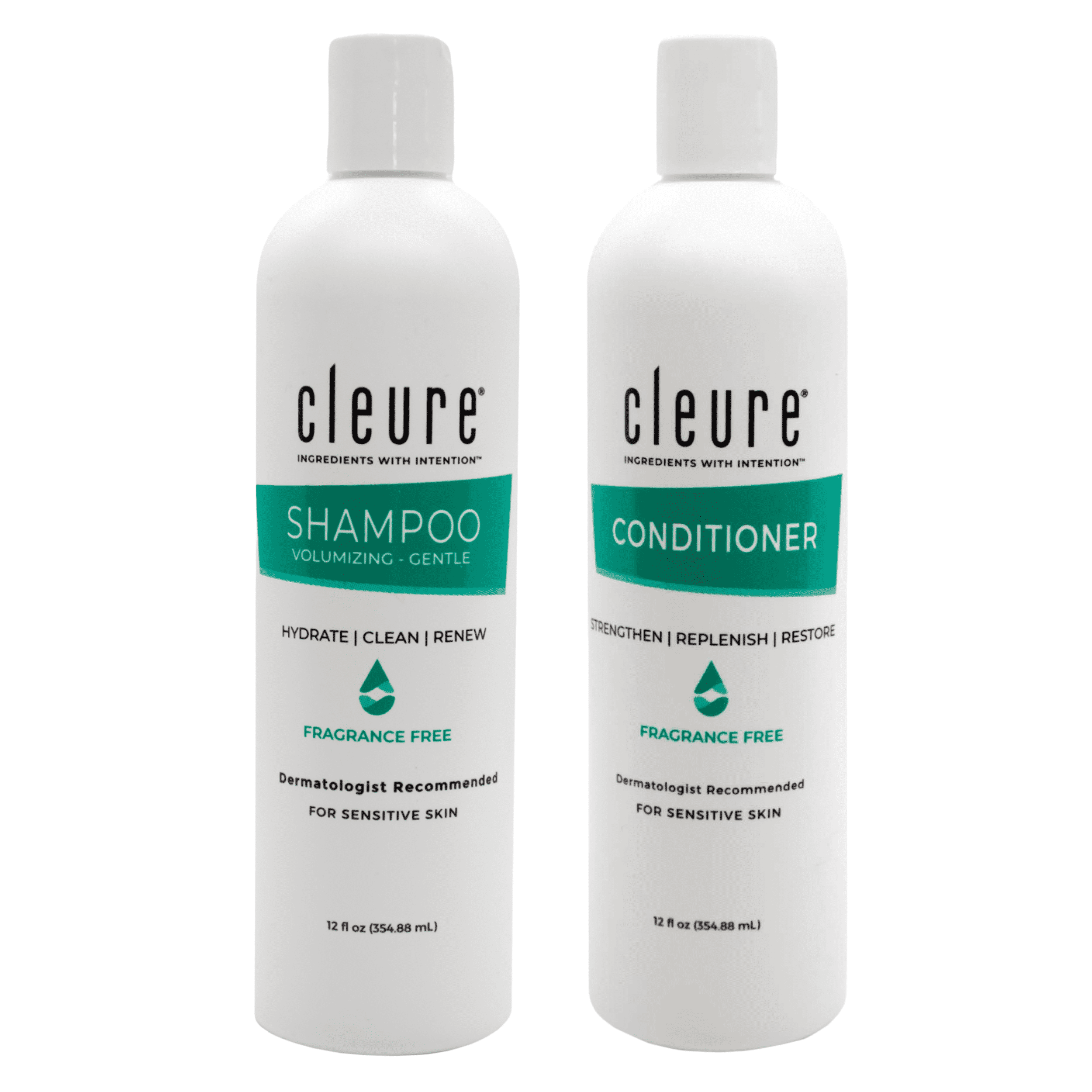 Cleure Fragrance Free Shampoo & Conditioner Set for Sensitive Skin & All Hair Types - Paraben Free (12 oz, Pack of 2)