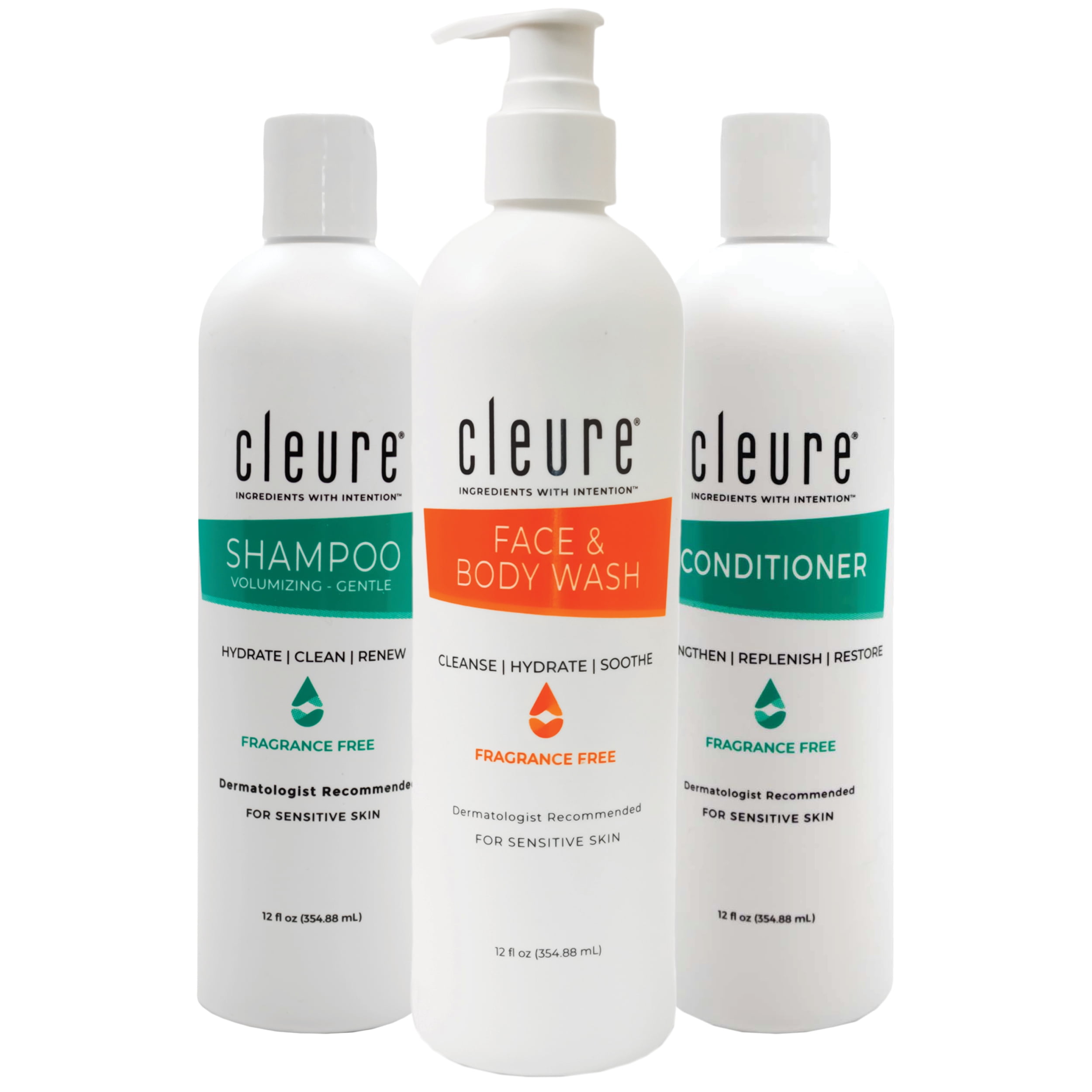 Cleure Fragrance-Free Shower Set – Hypoallergenic Face & Body Wash, Shampoo & Conditioner for Sensitive Skin, 3-Pack (12 fl oz Each)
