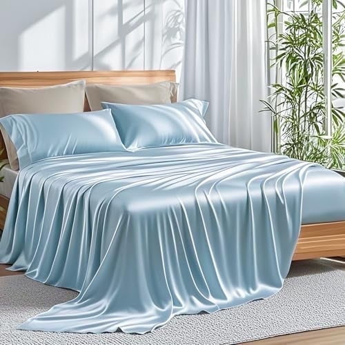 ClevaHome 4-Piece Full Bamboo Bed Sheet Set, 100% Organic Cooling Fabric, 16" Deep Pocket, Light blue