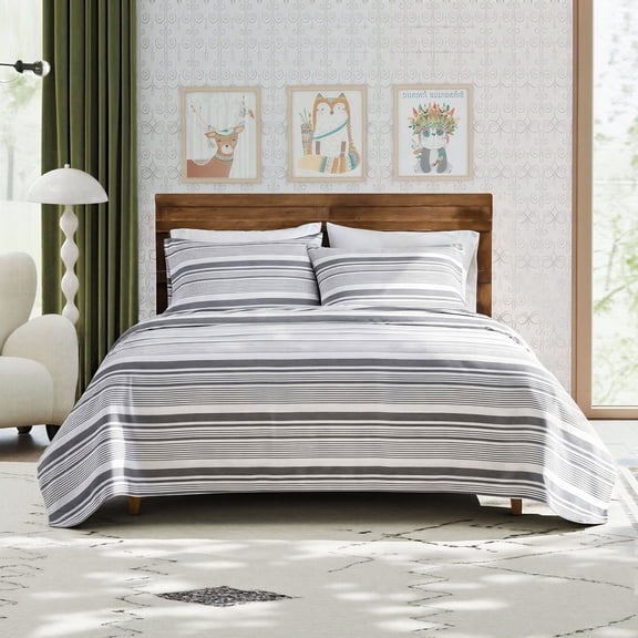 CH 4-Piece King Microfiber Classic Stripe Bed Sheet Set, Super Soft, Breathable Stripe Bedding with 16 inches Deep Pocket, Stone Stripe