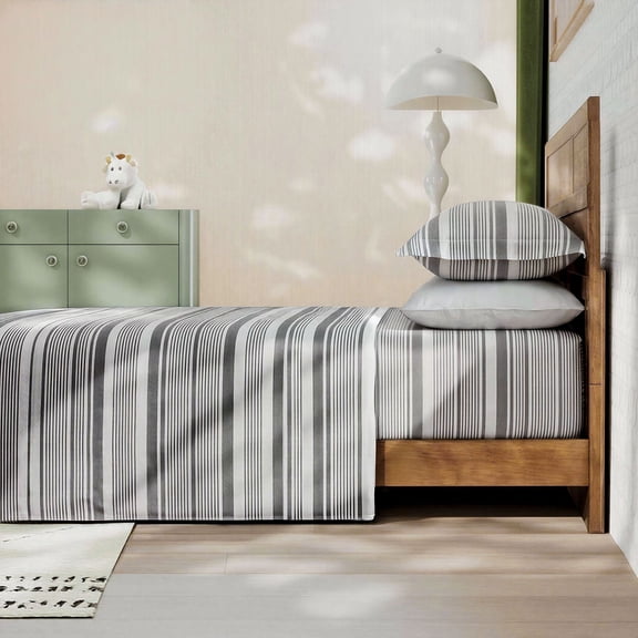 ClevaHome 4-Piece Queen Microfiber Classic Stripe Bed Sheet Set, Super Soft, Breathable Stripe Bedding with 16 inches Deep Pocket, Stone Stripe