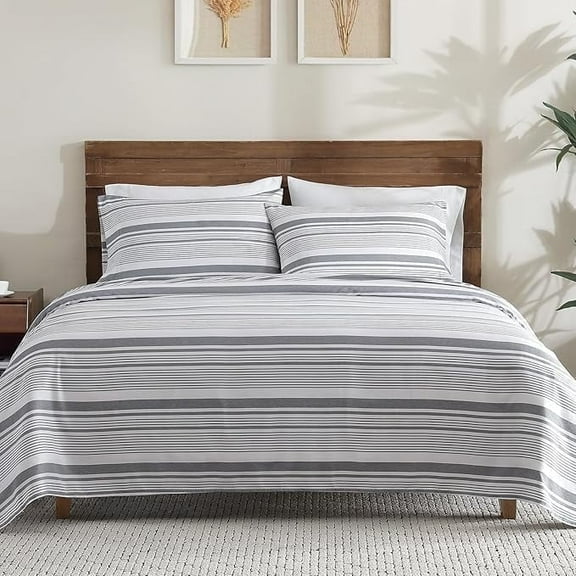 ClevaHome 4-Piece Queen Microfiber Classic Stripe Bed Sheet Set, Super Soft, Breathable Stripe Bedding with 16 inches Deep Pocket, Stone Stripe