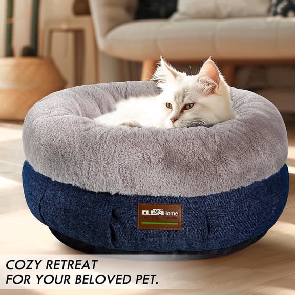 Cleva Cozy Cat Bed with Raised Sides and Anti-Slip Base, Comfortable Round Bed for Small Pets up to 11 lbs,gray&blue