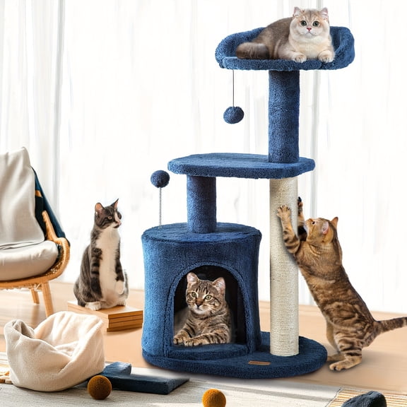 ClevaHome Deep Denim Cat Tree, 32 Inches, Cozy Condo, Sisal Scratching Post, Plush Perches, and Pompom Toys for Indoor Cats, Christmas Pet Supplies Replacement