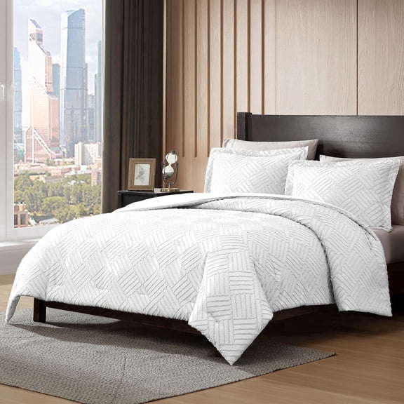 ClevaHome Full Comforter Set Crystal White, 3 Pieces Clipped Jacquard Comforter Set, All Season Lightweight Soft Shabby Chic Embroidered Bed Set (80" x 86" Comforter & 2 Pillow Shams)