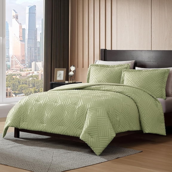 ClevaHome Full Comforter Set Leaf Green, 3 Pieces Clipped Jacquard Comforter Set, All Season Lightweight Soft Shabby Chic Embroidered Bed Set (80" x 86" Comforter & 2 Pillow Shams)