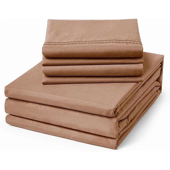 ClevaHome 6-Piece Queen Luxury Bed Sheet Set - Soft, Wrinkle & Fade Resistant Microfiber Bedding with 14" Deep Pocket & Embroidery, Sandy Brown