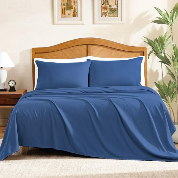 ClevaHome Sheet Set King Size, 4-Piece Bedding, Lightweight & Super Soft Easy Care Microfiber– Shrinkage & Fade Resistant Bedding Set with 14'' Deep Pockets (Navy Blue)