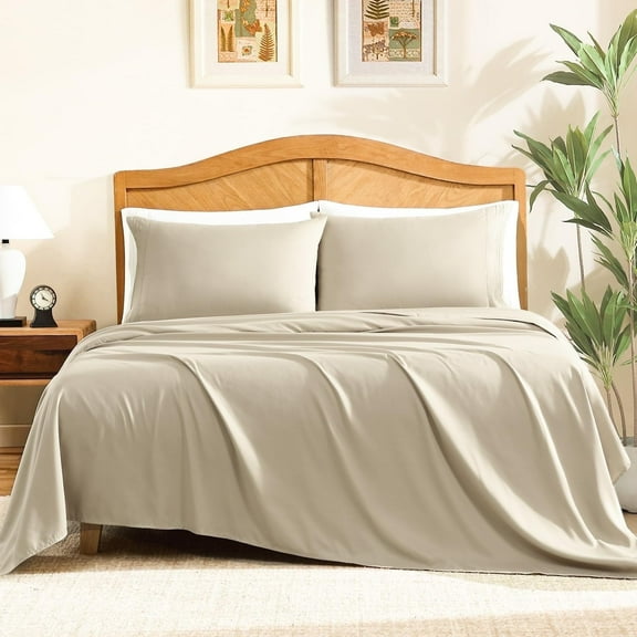 ClevaHome Sheet Set Queen Size, 4-Piece Bedding, Lightweight & Super Soft Easy Care Microfiber– Shrinkage & Fade Resistant Bedding Set with 14'' Deep Pockets (Sandy Beige)