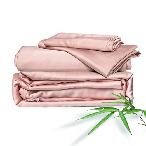 ClevaHome 100% Organic Cooling Bamboo Bed Sheets, 4 Pieces Queen Sheets Set, Luxuriously Soft, Cooling, Double Stitching, 16" Deep Pockets (Queen, Pink)