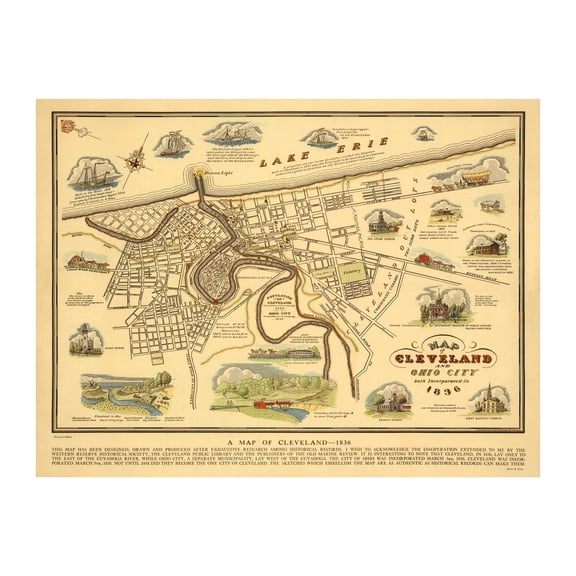 Cleveland Art, 1937 Vintage Map of Cleveland Ohio, OH History Wall Decor Gift, Old Cleveland Map - 24" x 18" Unframed Print