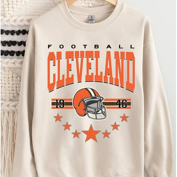 Cleveland Football Sweatshirt, Vintage Style Cleveland Football Crewneck, Cleveland Fan Gifts, Retro Cleveland Football Sweater,Sand Color,Size L