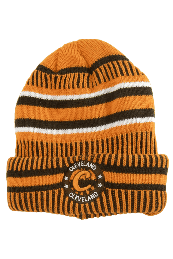 Cleveland Knitted Plush Lined Varsity Cuffed Winter Hat with Seal (Orange/Brown)