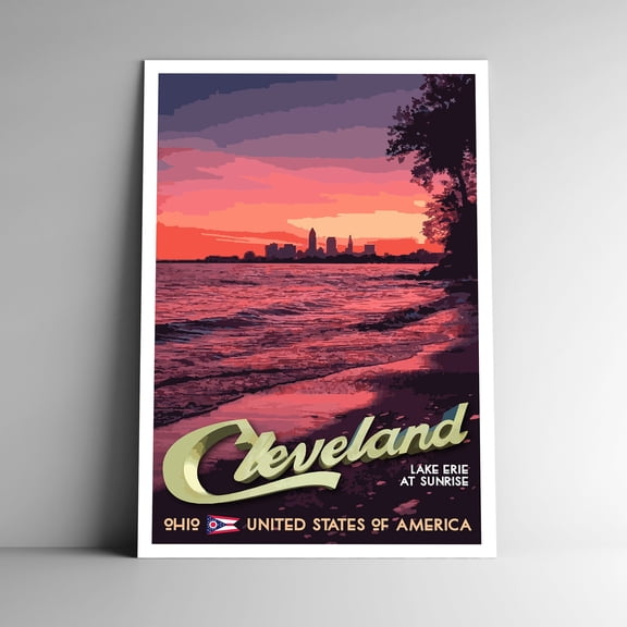 Cleveland Ohio Vintage Travel Poster / Postcard WPA Style Lake Erie Sunrise Retro