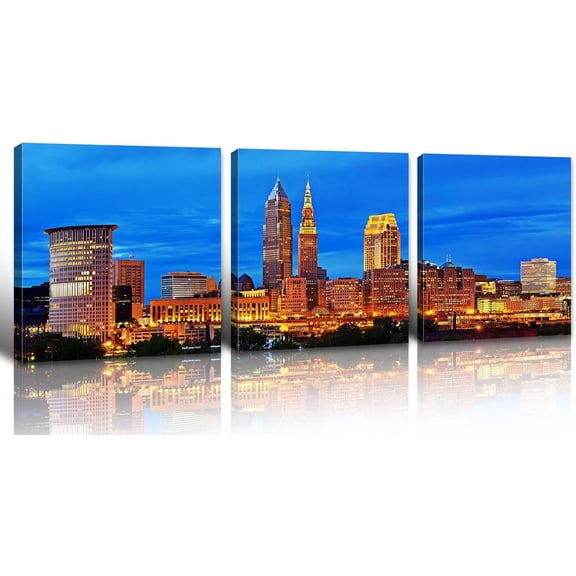 Cleveland Skyline City Wall Art - Ohio City Night Scene Pictures Canvas Prints American Panoramic Cityscape Posters for Living Room Bedroom Office Wall Decor Framed 16"x16"x3