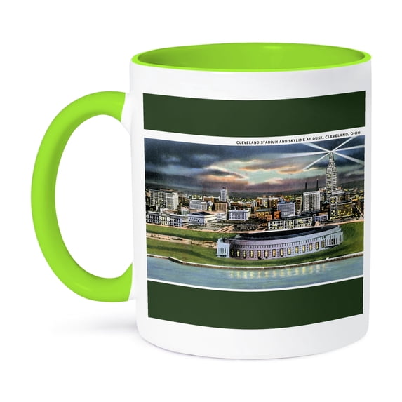 3dRose, Cleveland Stadium and Skyline at Dusk Cleveland Ohio, 11oz Two-Tone Green Mug