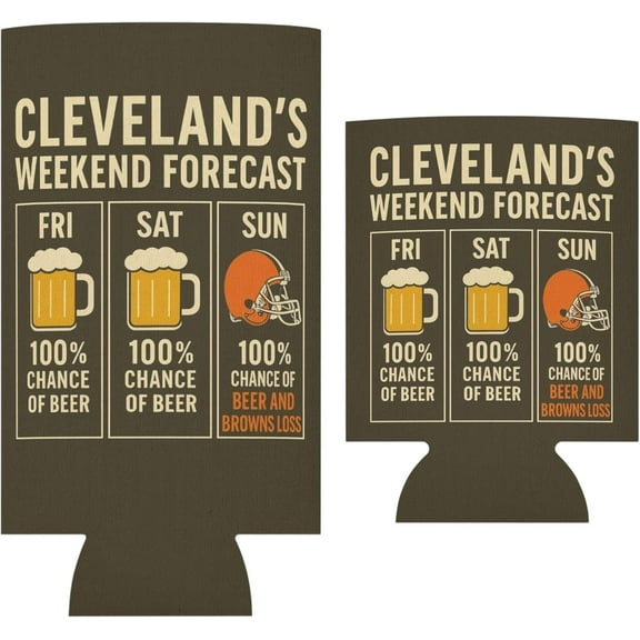 Cleveland Weekend Forecast Drink Sleeve 2-Pack Funny Ohio Gift for Slim & Regular 12oz Cans Retro Football Tailgate Design, Cleveland Humor Can Coolers, Ohio Pride Party Set