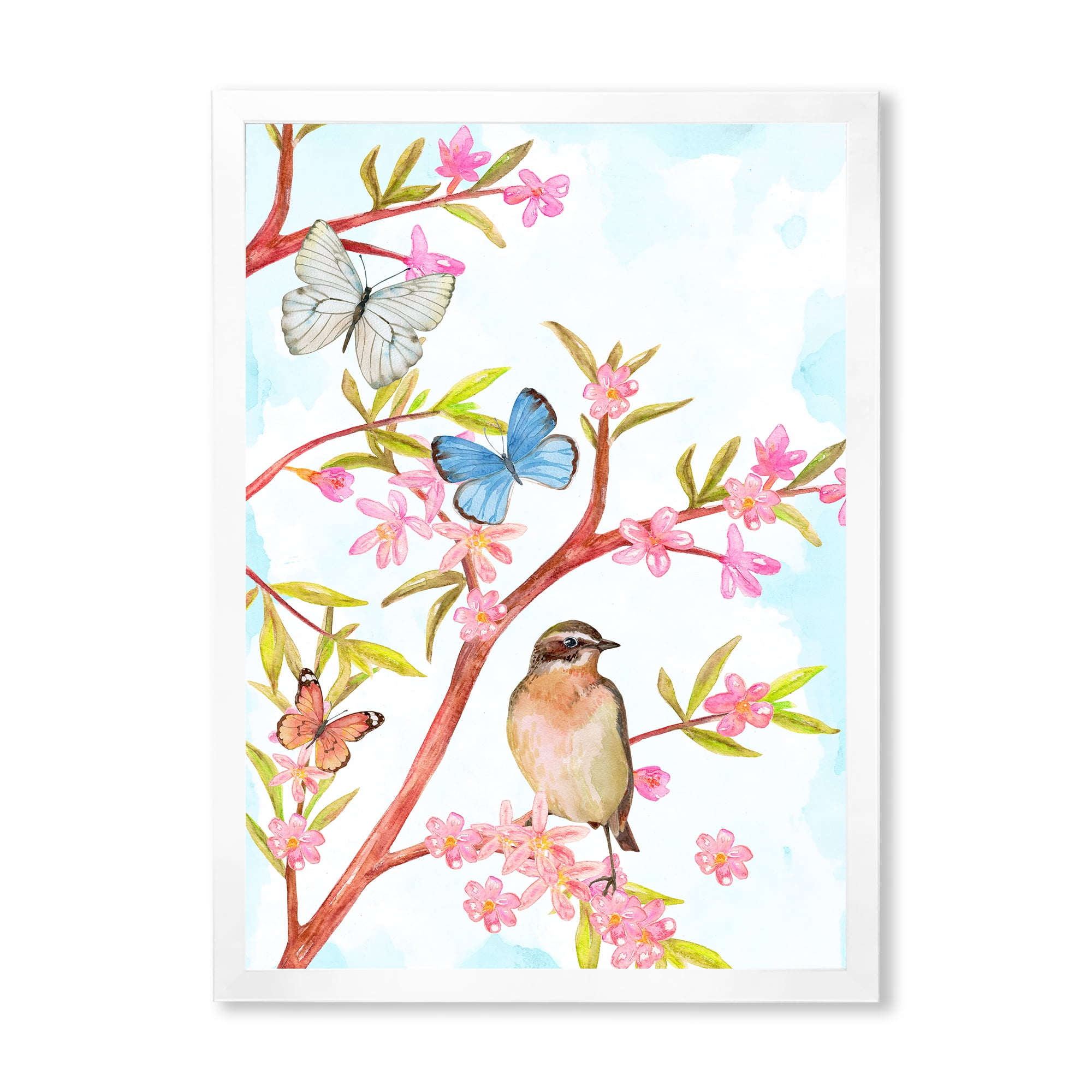 Clever Bird Sitting On Branch of A Spring Tree With Butterflies 16 in x 32 in Framed Painting Canvas Art Print, by Designart