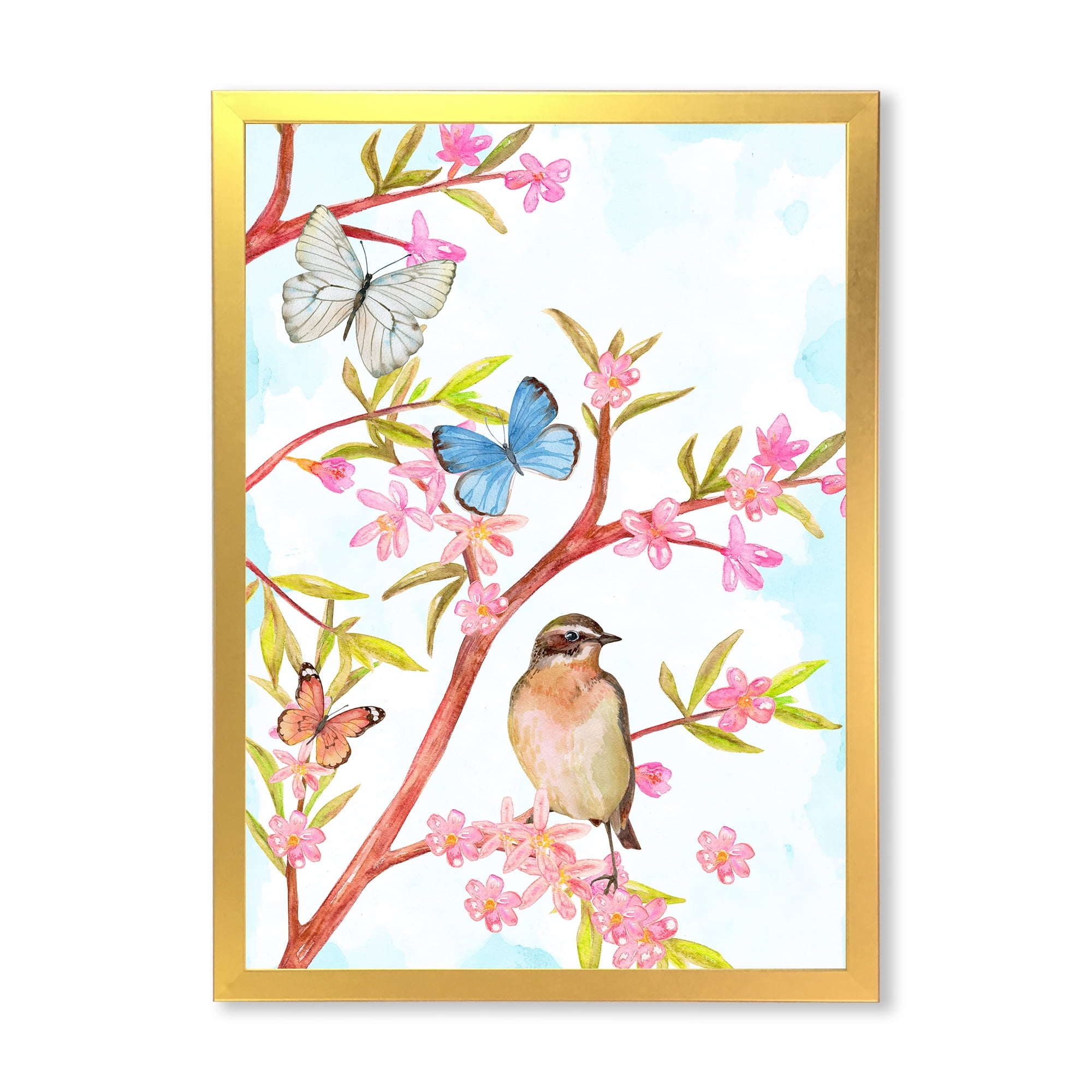 Clever Bird Sitting On Branch of A Spring Tree With Butterflies 16 in x 32 in Framed Painting Canvas Art Print, by Designart