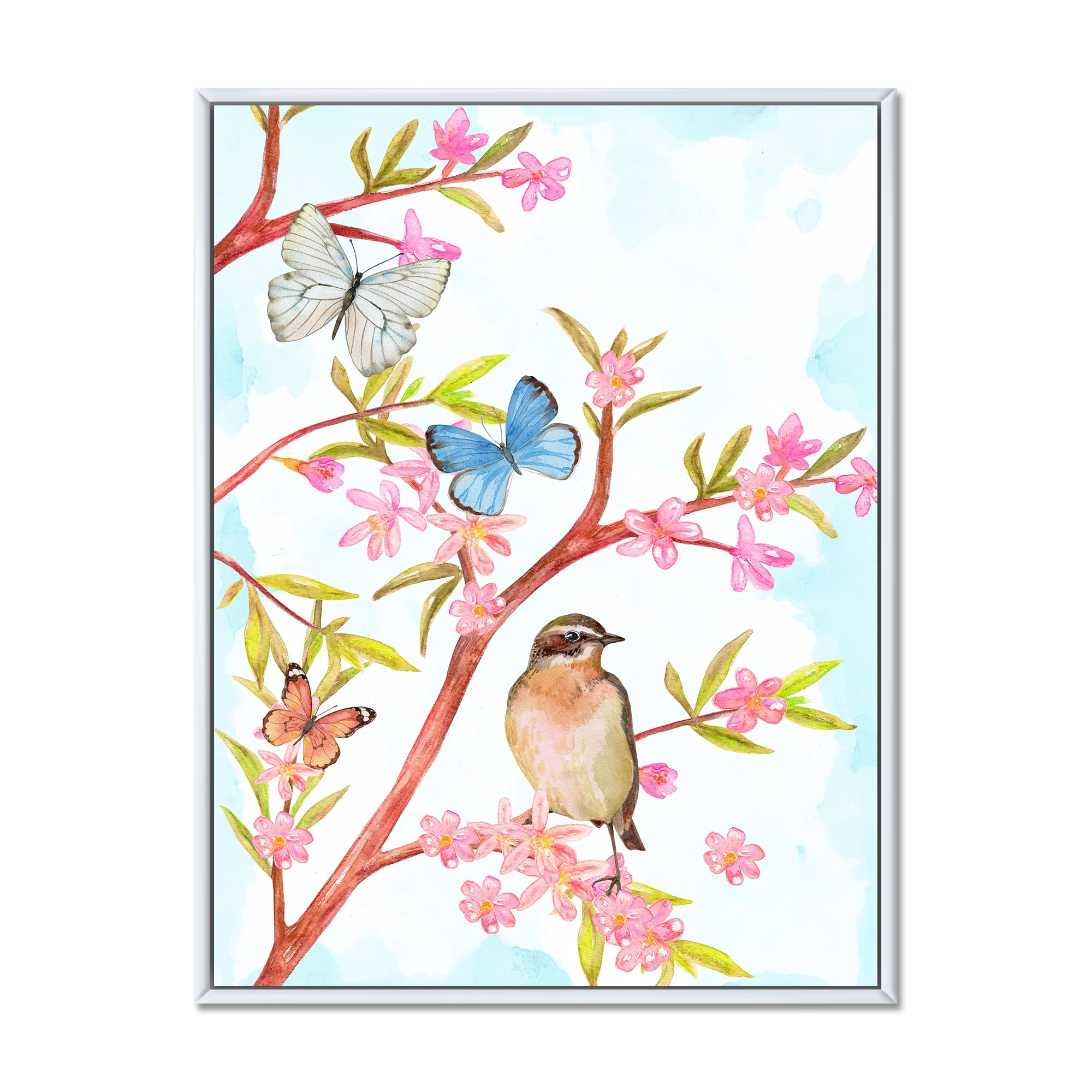 Clever Bird Sitting On Branch of A Spring Tree With Butterflies 24 in x 32 in Framed Painting Canvas Art Print, by Designart