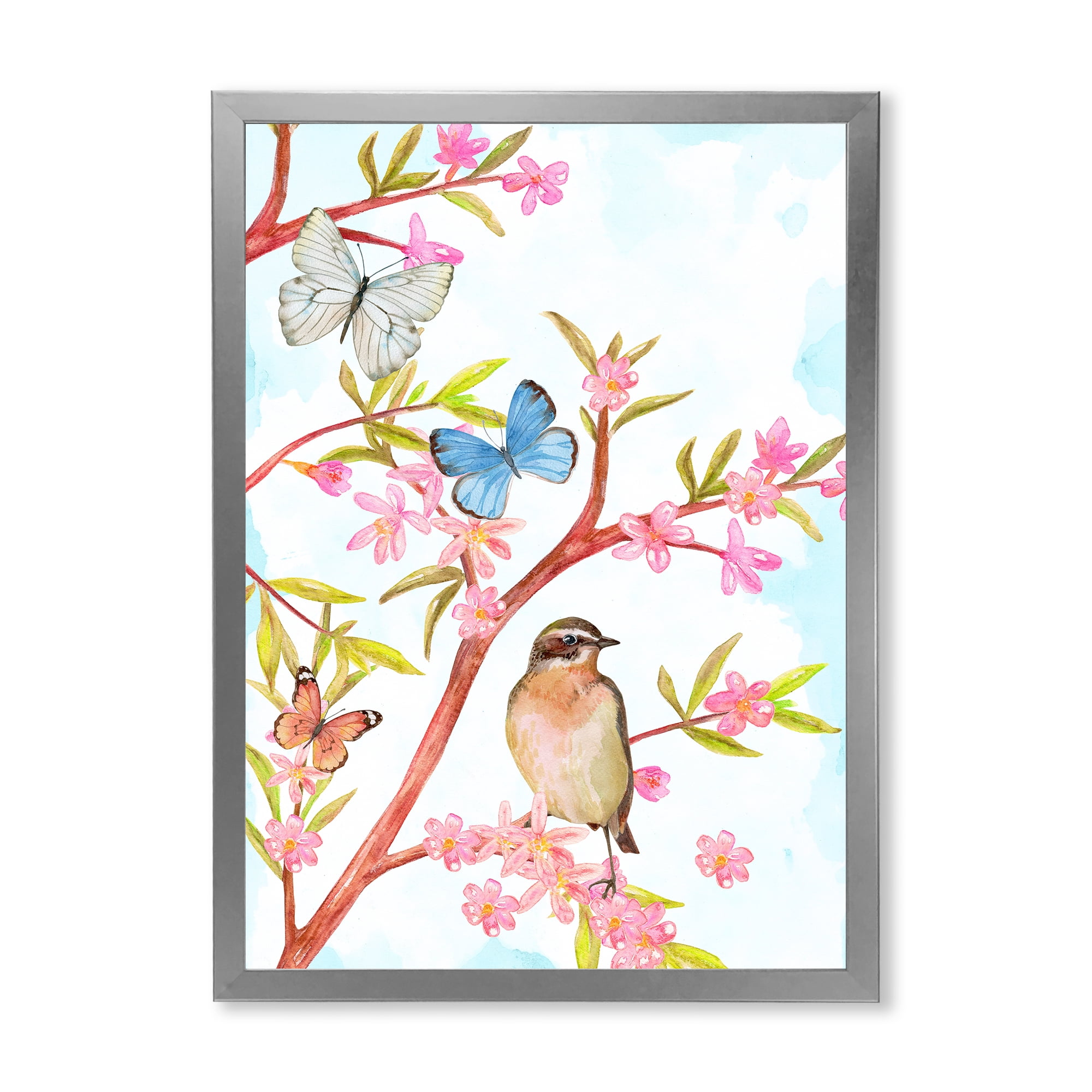Clever Bird Sitting On Branch of A Spring Tree With Butterflies 30 in x 40 in Framed Painting Canvas Art Print, by Designart