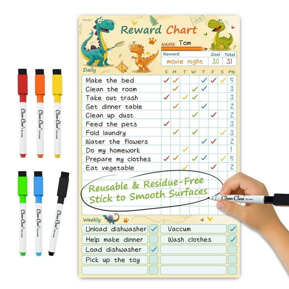 Clever Clean Dry Erase Chore Chart Whiteboard with 6 Markers, Reusable Reward Chart Dinosaur