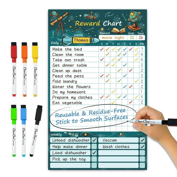 Clever Clean Dry Erase Chore Chart with 6 Whiteboard Markers, Reusable Reward Chart Science, Retail Packaging
