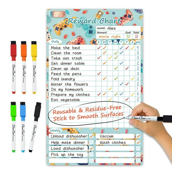 Clever Clean Dry Erase Chores Chart for Family, Reusable Reward Chart Chart, Non-Magnetic Chore Board Clings to Any Smooth Surfaces, 6 Whiteboard Markers Included (Video Game)