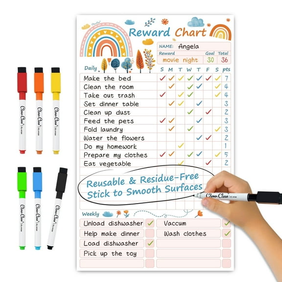 Clever Clean Dry Erase Chores Chart, Reusable Reward Chart, Non-Magnetic Chore Board Clings to Any Smooth Surfaces, 6 Whiteboard Markers Included