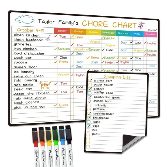 Clever Clean Magnetic Dry Erase Chore Chart Board with 6 Extra Fine Point Markers, 2 Count Chore Chart & Notes Board
