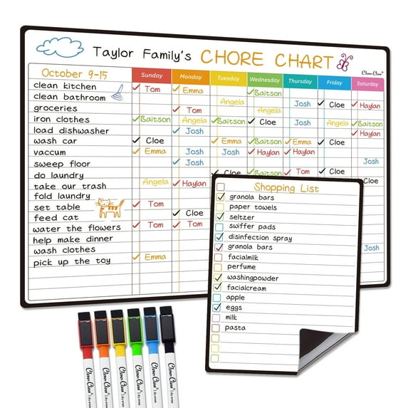 Clever Clean Magnetic Dry Erase Chore Chart Board with 6 Extra Fine Point Markers, 2 Count Chore Chart & Notes Board