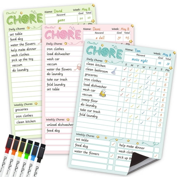 Clever Clean Magnetic Dry Erase Chore Chart Kit with 6 Extra Fine Point Markers, 3 Count