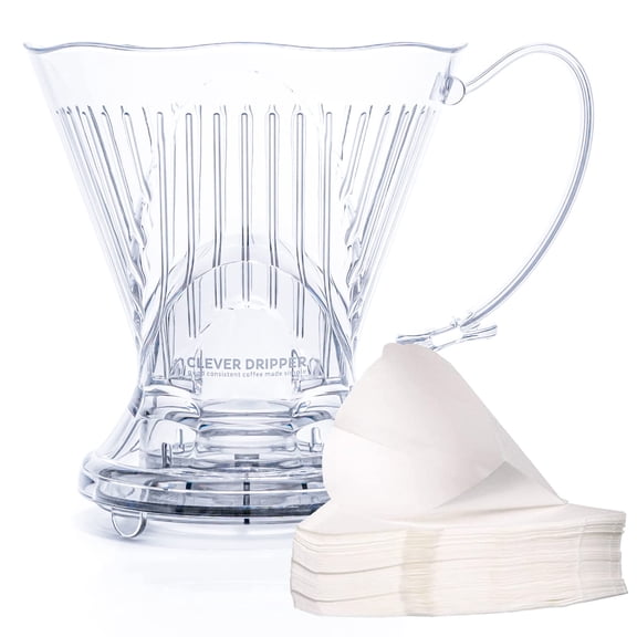 Clever Coffee Dripper and Filters, Large 18 oz, Original Classic Design, Safe BPA Free Plastic, dripper coffee maker, drip coffee maker pour over, 100 filters, coaster and lid, 18 oz (Clear) Y101