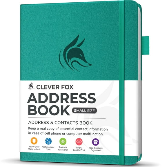 Clever Fox Address Book with alphabetic tabs - PU Leather Telephone and Address Book for Keeping Contacts Safe, Contact Organizer Journal, Small Size (4.0″ x 5.5″), Hardcover, Turquoise