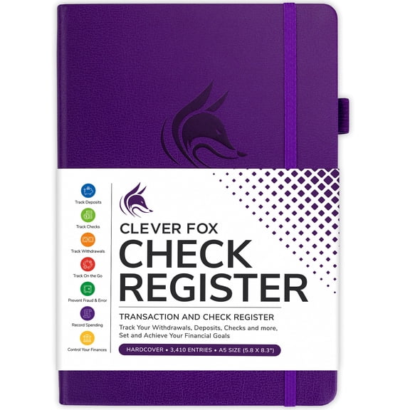Clever Fox Check Register Journal with Bookmark, Purple, 5.8" x 8.3"