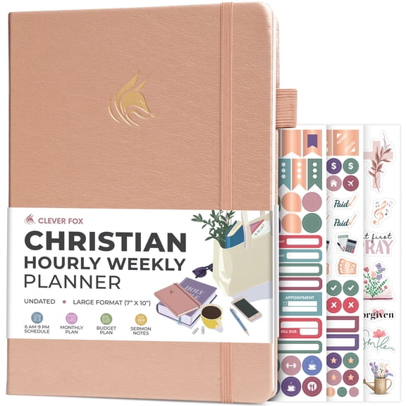 Clever Fox Christian Hourly Weekly Planner – Goal Setting Planner with Time Slots, Monthly Budget, Sermon Notes, Bible Reading Tracker (Rose Gold)