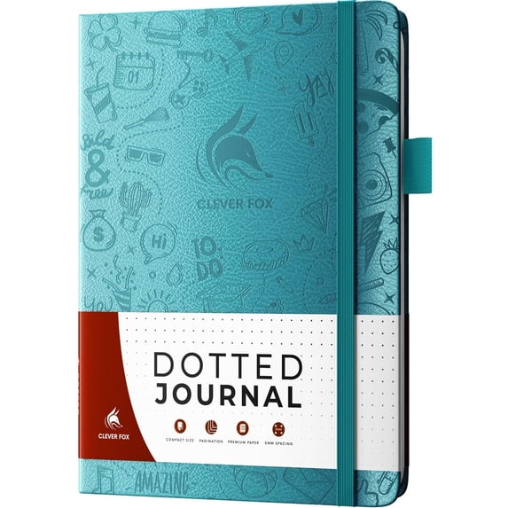 Clever Fox Dotted Journal 2.0 – Compact Planning and Sketching Dot Grid Notebook 120 GSM Thick, No-Bleed Paper – Planner with Pen Loop, Pocket, Ribbons, Stickers A5 - Aquamarine