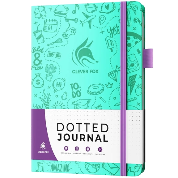 Clever Fox Dotted Journal 2.0 – Compact Planning and Sketching Dot Grid Notebook 120 GSM Thick, No-Bleed Paper – Planner with Pen Loop, Pocket, Ribbons, Stickers A5 - Light Turquoise