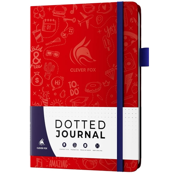 Clever Fox Dotted Journal 2.0 Compact Planning and Sketching Dot Grid Notebook 120 GSM Thick, No-Bleed Paper Planner with Pen Loop, Pocket, Ribbons, Stickers A5 - Wine Red