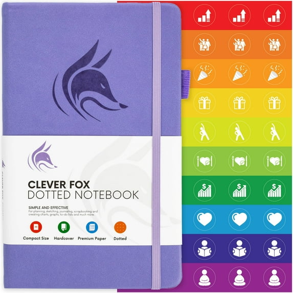 Clever Fox Dotted Notebook – Dot Grid Bullet Numbered Pages Hard Cover Notebook Journal With Thick 120g Paper and Pen Loop, Stickers, 3 Bookmarks, Smooth Faux Leather, 5'' x 8.25'' - Lavender