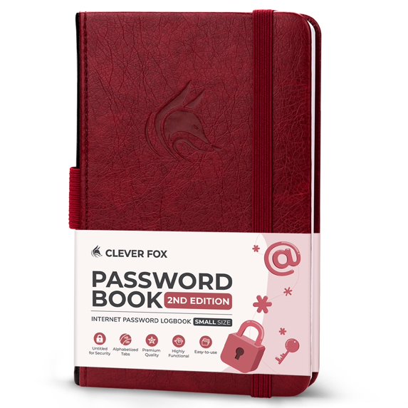 Clever Fox Password Book 2nd Edition Small – Pocket Password Keeper with Laminated Alphabetical Tabs – Internet Address Notebook & Login Details Organizer Journal – 3.5x5.6” (Wine Red)