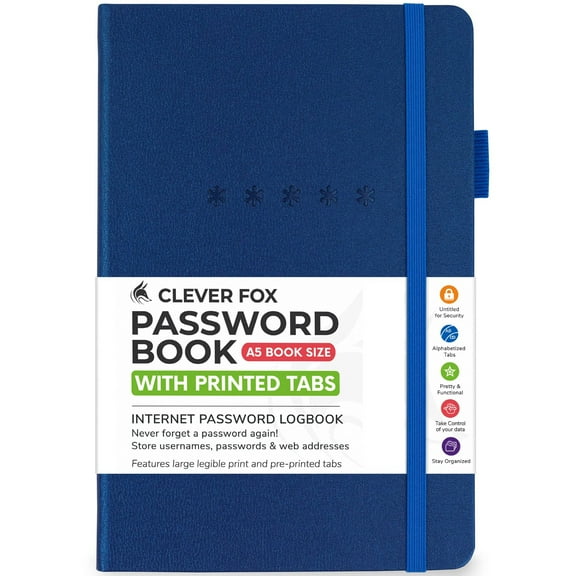 Clever Fox Password Book – Alphabetized Internet Address & Password Organizer – Computer & Website Password Keeper Notebook – Log-In Password Journal - Medium, A5, 8.3x5.8″, Hardcover (Mystic Blue)