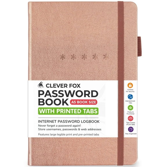 Clever Fox Password Book – Alphabetized Internet Address & Password Organizer – Computer & Website Password Keeper Notebook – Log-In Password Journal - Medium, A5, 8.3x5.8″, Hardcover (Rose Gold)