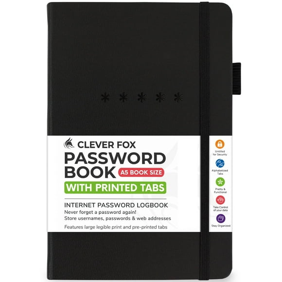 Clever Fox Password Book – Alphabetized Internet Address & Password Organizer – Computer & Website Password Keeper Notebook – Log-In Password Journal - Medium, A5, 8.3x5.8″, Hardcover (Black)