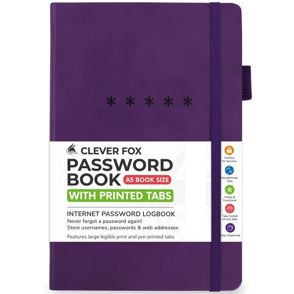 Clever Fox Password Book – Alphabetized Internet Address & Password Organizer – Computer & Website Password Keeper Notebook – Log-In Password Journal - Medium, A5, 8.3x5.8″, Hardcover (Purple)