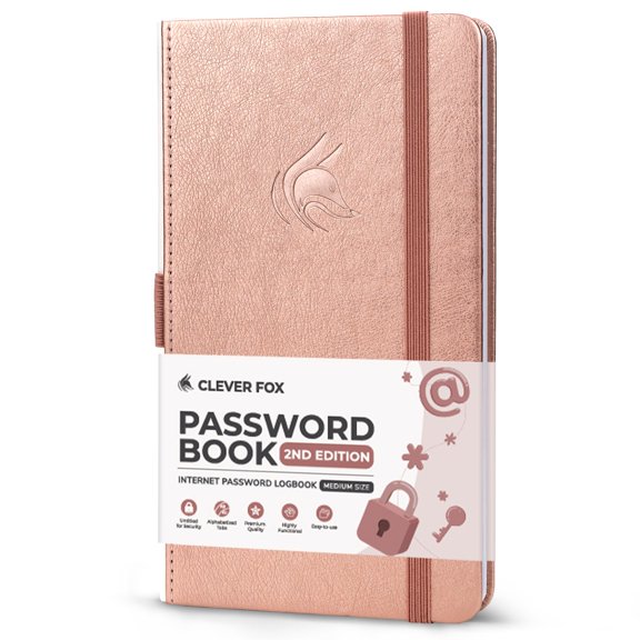 Clever Fox Password Book, Hardcover, with Laminated Alphabetical Tabs, Rose Gold, 120 Pages