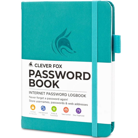 Clever Fox Password Book with tabs. Internet Address and Password Organizer Logbook with alphabetical tabs. Small Pocket Size Password Keeper Journal Notebook for Computer & Website Logins (Turquoise)