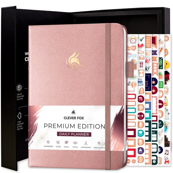Clever Fox Planner Daily Premium Edition - Undated Luxurious Daily Planner with Hourly Schedule, Personal Organizer, Productivity & Goal Journal, Start Anytime, A5-sized, Lasts 6 Months - Rose Gold
