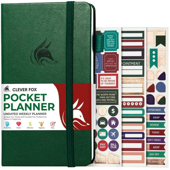 Clever Fox Pocket Planner Weekly - Undated Monthly Goal Planner and Calendar for Increasing Productivity, Mini Planner Perfect for Purse, Size: 3.7" x 6.7", Start Anytime, Lasts 1 Year - Forest Green