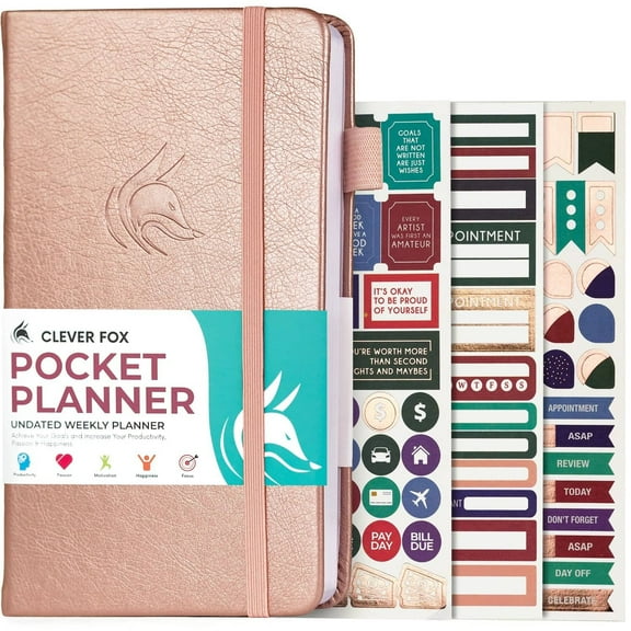 Clever Fox Pocket Planner Weekly - Undated Monthly Goal Planner and Calendar for Increasing Productivity, Mini Planner Perfect for Purse, Size: 3.7" x 6.7", Start Anytime, Lasts 1 Year - Rose Gold